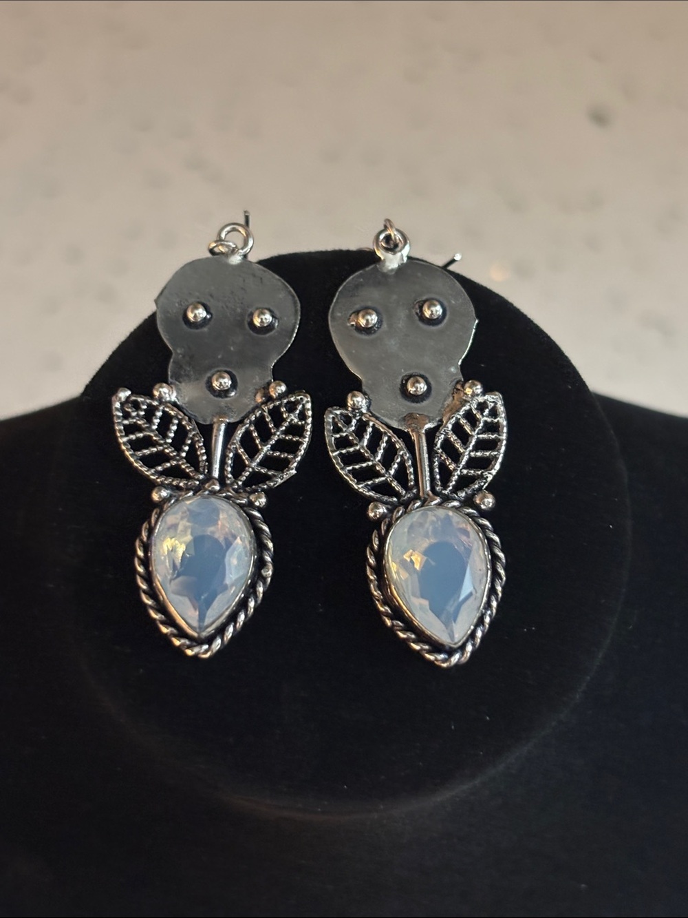 Sterling Silver Opalite Leaf Teardrop Gemstone Drop Dangle Earrings